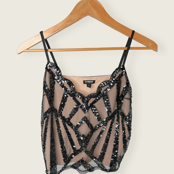 Express Tops - Express Sequin Blouse Black | Small | New Years Eve Holiday Top Sexy Scalloped